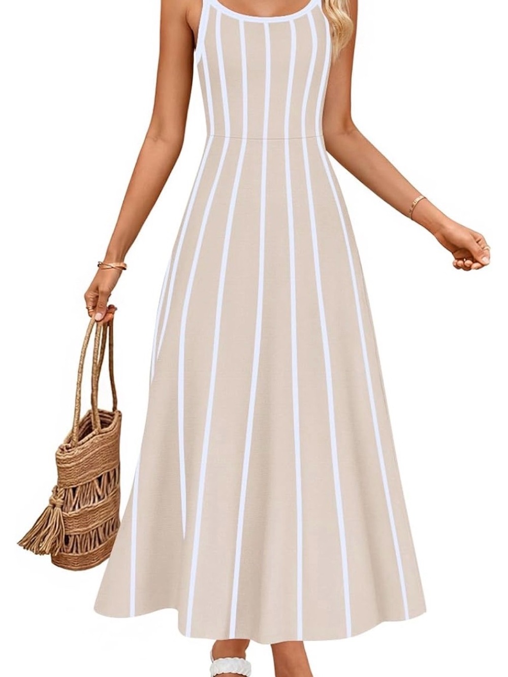 Sleeveless Beige Stripe Maxi Dress by